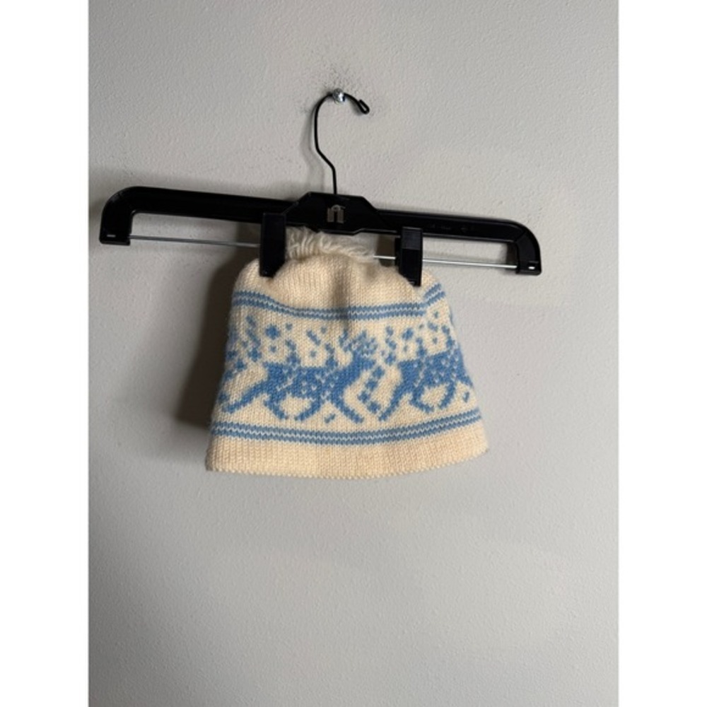 Dale of Norway Wool‎ Knit Beanie Hat Cream Blue Nordic Winter Pom Pom Vintage